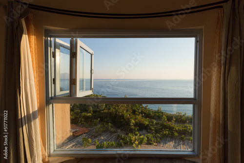 Mediterranean Sea from an open window at the beachside. Vacation  holiday concept