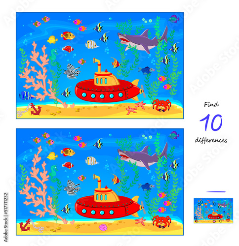Find 10 differences. Illustration of submarine and underwater life. Logic puzzle game for children and adults. Page for kids brain teaser book. Developing counting skills. Play online. Vector image.