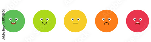 Customer emotion feedback. Rating satisfaction, colored emotional balls set. Excellent, good, normal, bad and awful icons. Circles with faces, hand drawn trendy funny characters.