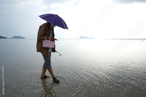 Ko Phangan, Thailand, March 15, 2022: woman with mask collecting clams