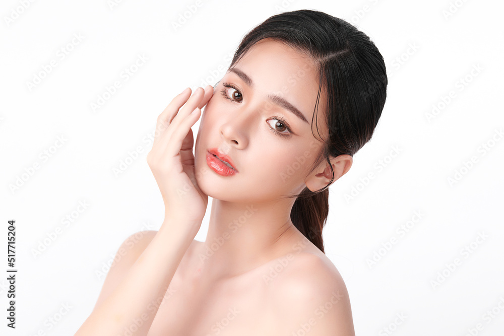 Beautiful young asian woman with clean fresh skin on white background, Face care, Facial treatment, Cosmetology, beauty and spa, Asian women portrait.