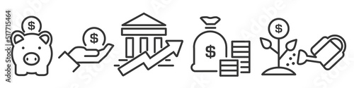 Set of savings and investments thin line icons on white background