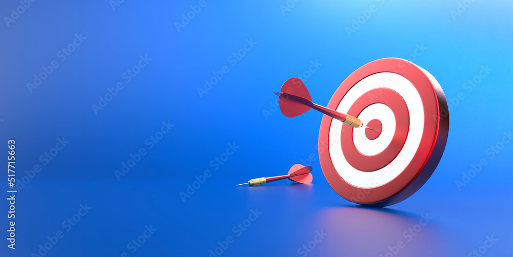 Red arrow aim to dartboard target or goal of success on business background with complete achievement concept. 3D rendering. Red arrow aim to dartboard target or goal of success on business background with complete achievement concept. 3D rendering.