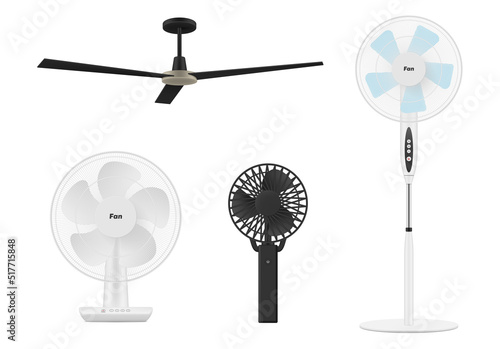Modern electric fan different types colors set realistic vector illustration