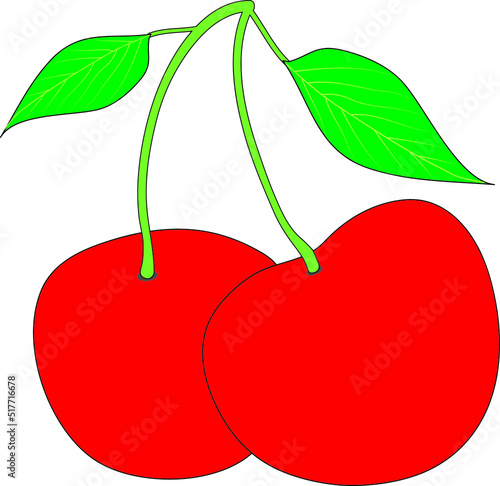 Background pattern image. Big 2 cherry(Prunus avium) and 2 leaf. Vibrant colors, elegant patterns, for textiles, patterns on carpets and bedding, scarves, clothing, white background.