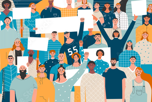 People with placards and posters. Group of protestors fist raised up in the air. Supporting the protests against. Crowd of mans and womans on demonstration. Flat vector illustration in trendy colors