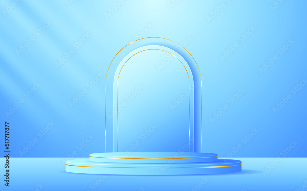 Blue podium with blue curved border and gold lines on the back for product presentation. Cosmetic product display. vector illustration
Blue podium with blue curved border and gold lines on the back for product presentation. Cosmetic product display. vector illustration