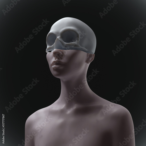 Abstract concept sculpture illustration from 3D rendering of female figure sliced cut head with skull upper part and isolated on background.