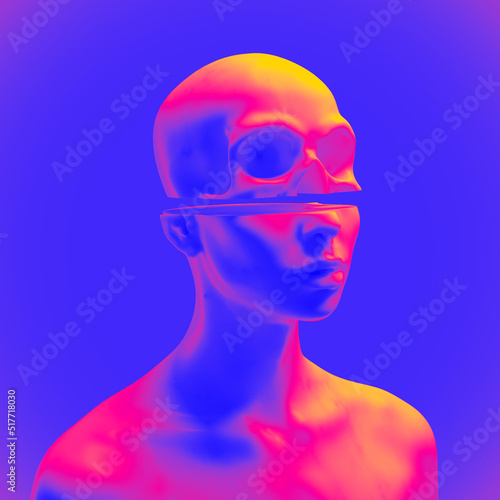 Abstract concept sculpture illustration from 3D rendering of white marble female figure sliced cut head with skull upper part and isolated on background in vaporwave colorful palette.