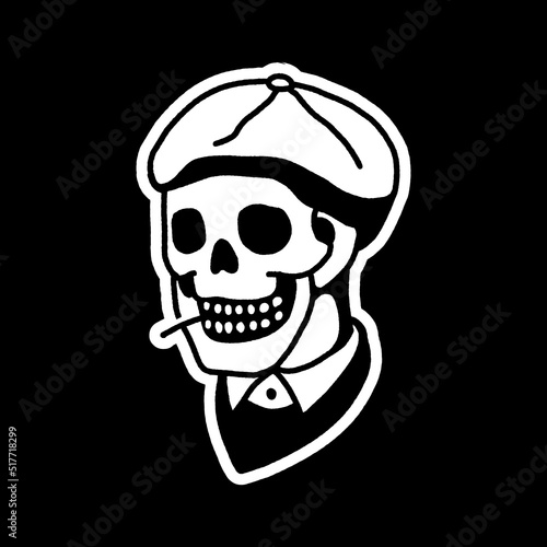 mafia style skull illustration sticker line art
