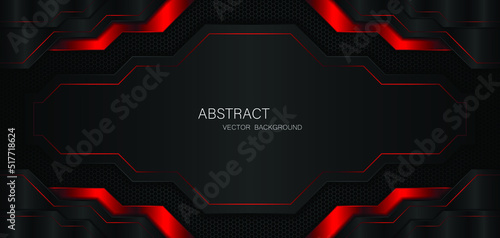 Abstract black and red polygons overlapped on dark steel mesh background with free space for design. modern technology innovation concept background
