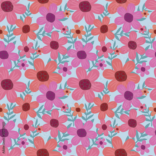 Trendy Floral pattern in the many kind of flowers. Tropical botanical Motifs scattered random. Seamless vector texture. Printing with in hand drawn style on blue background.