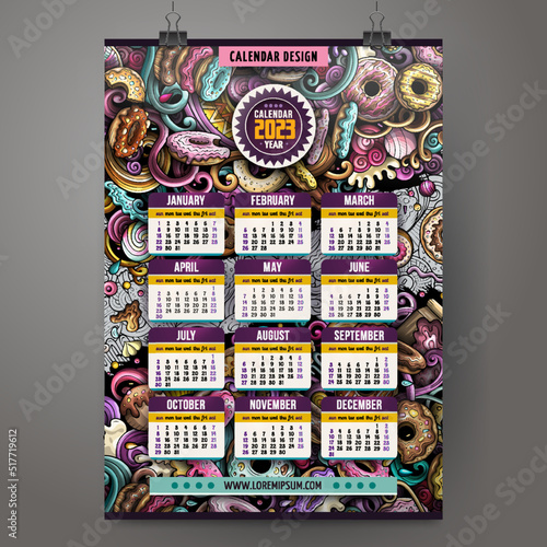 Cartoon doodles Donuts 2023 year calendar template. English, Sunday start