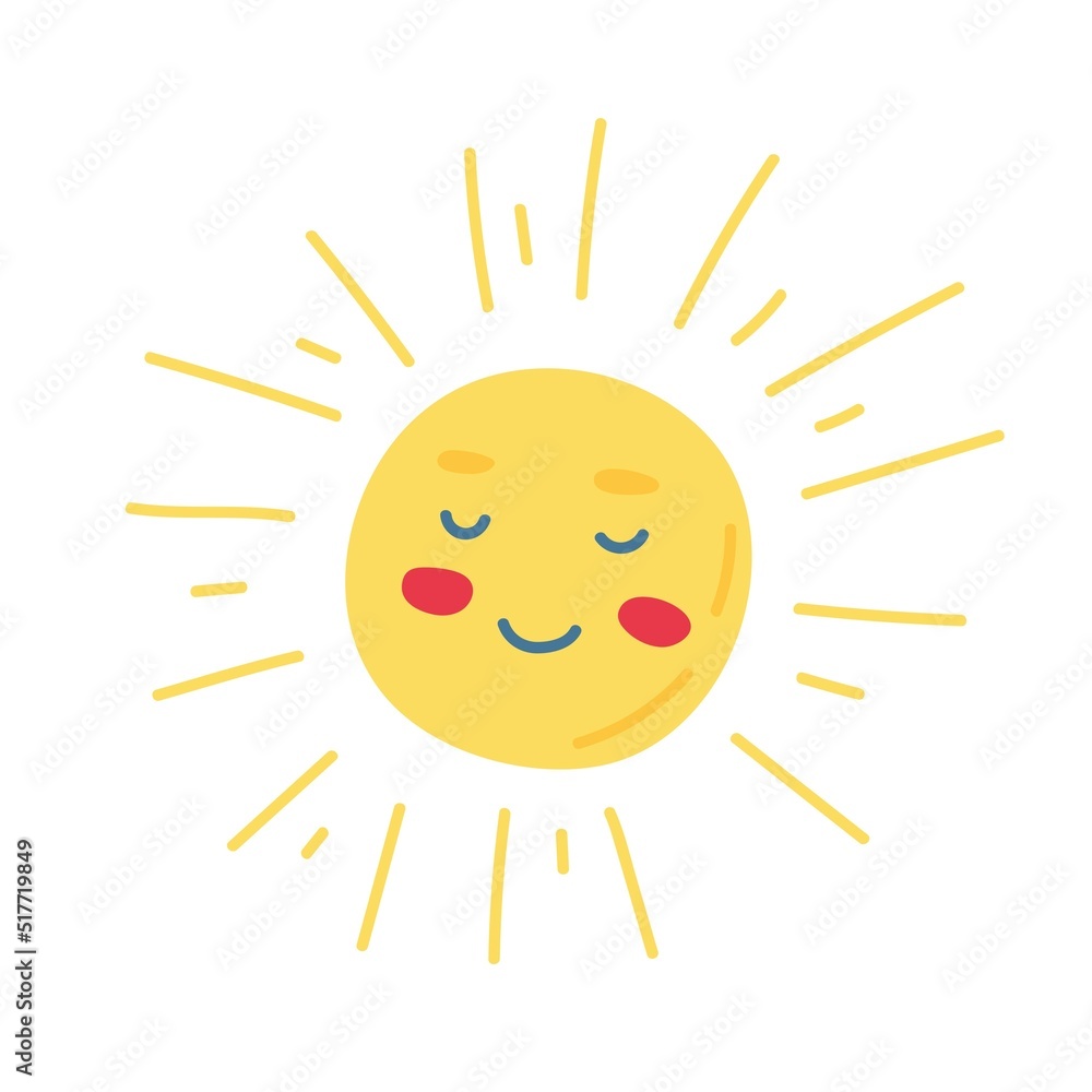 The sun with a face, painted in a doodle style. Spring collection. Flat vector illustration