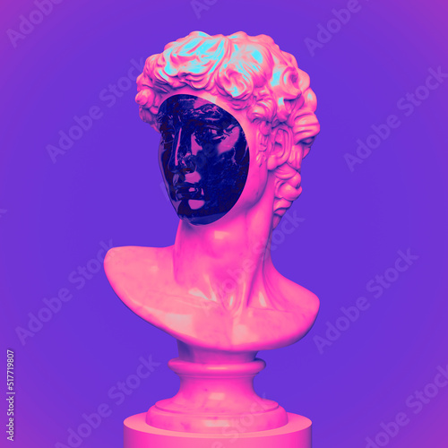 Abstract illustration from 3D rendering of a white marble bust of male classical sculpture with black face cutout on a pedestal and isolated on background in colorful vaporwave palette.