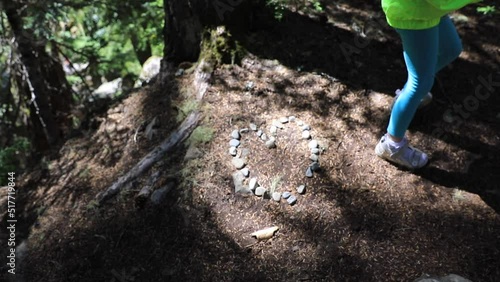 Heart out of stone in the woods near pine tree during hiking