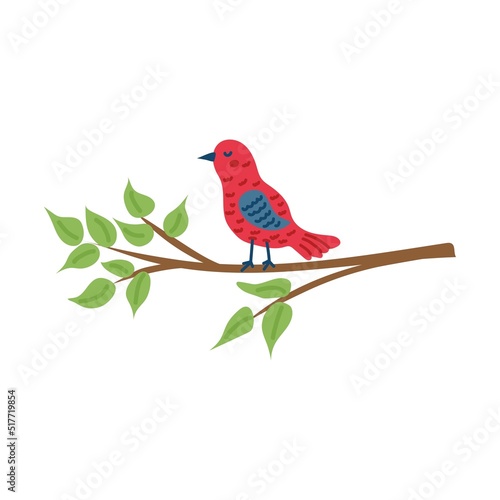 A bird on a branch, painted in a doodle style. Spring collection. Flat vector illustration