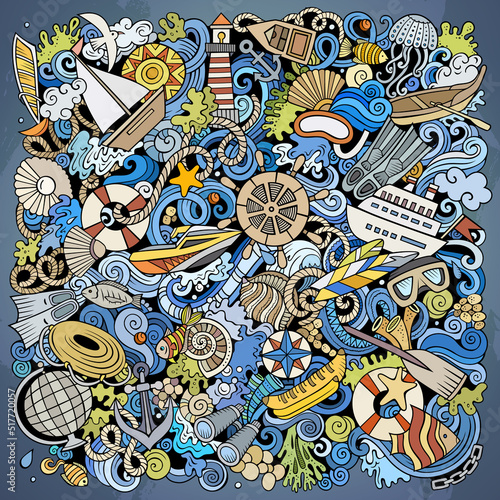 Marine hand drawn vector doodles illustration. Color funny picture.