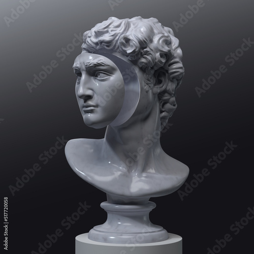 Abstract illustration from 3D rendering of a white marble bust of male classical sculpture with face cut-out and dislocated forwards on a pedestal and isolated on dark background.