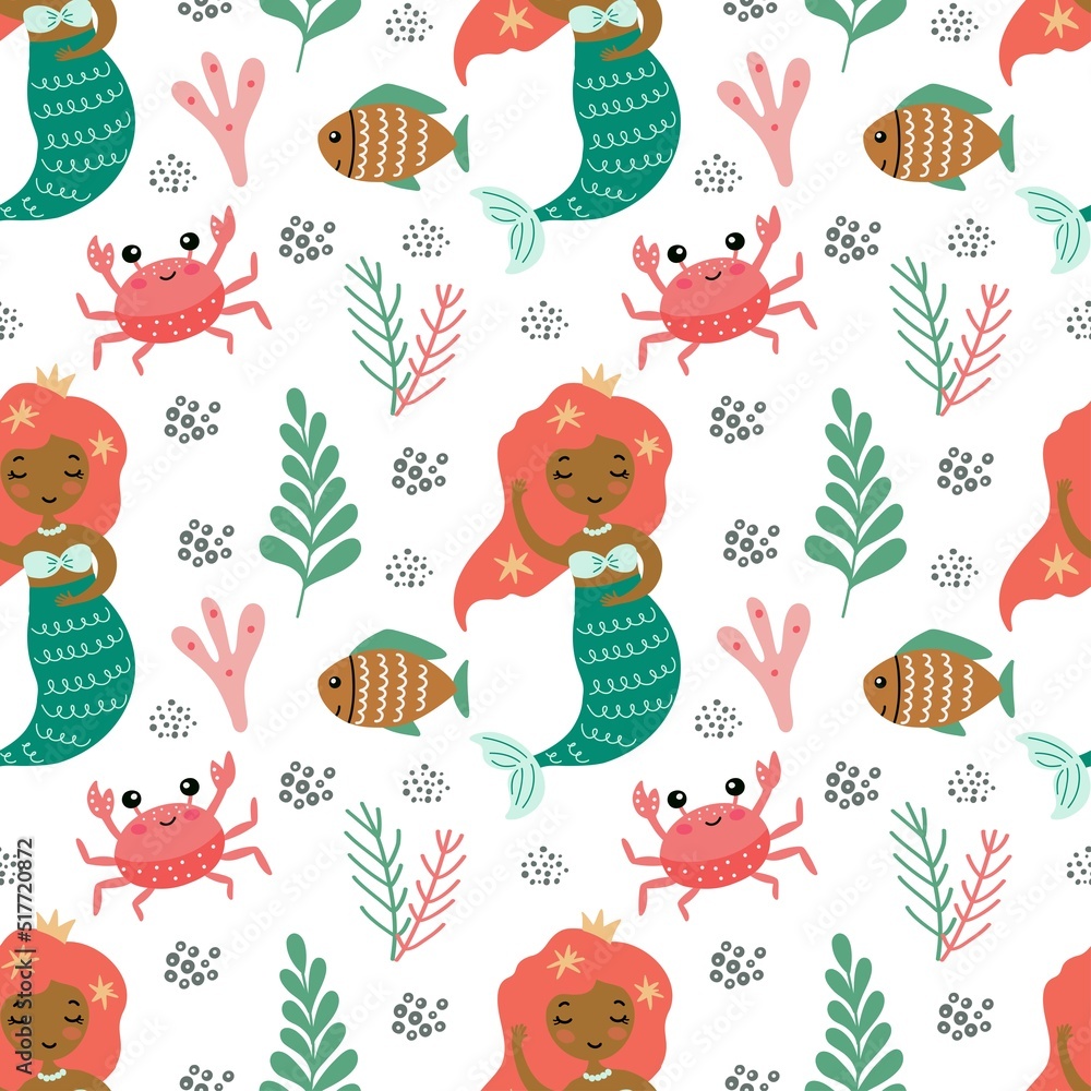 Seamless pattern with a cute mermaid, fish, crab and seaweed on a white background. Vector graphics for the design of wallpapers, textiles, wrapping paper, clothes, pillows, bags.
