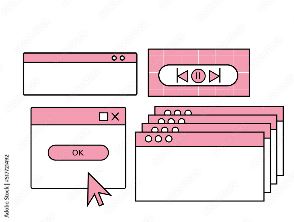 Pink Old pc windows 90s. Vaporwave old pc window.Retro computer aesthetic. Vector illustrations set Pink Old pc windows 90s. Vaporwave old pc window.Retro computer aesthetic. Vector illustrations set