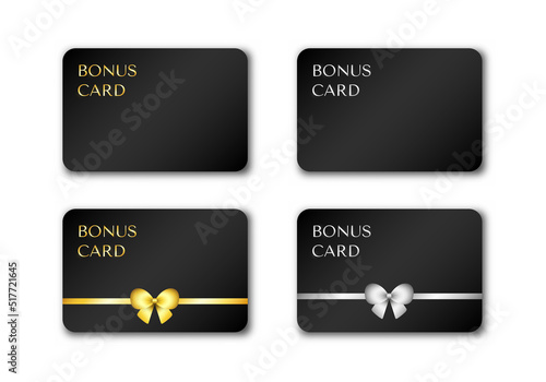 Premium Bonus Card set. Empty black cards and decorated with golden, silver bows. White isolated background.