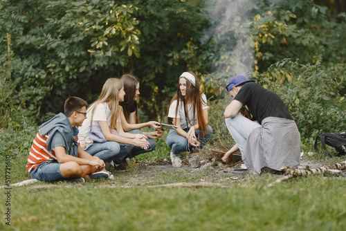 Groups of friends camping in the forest