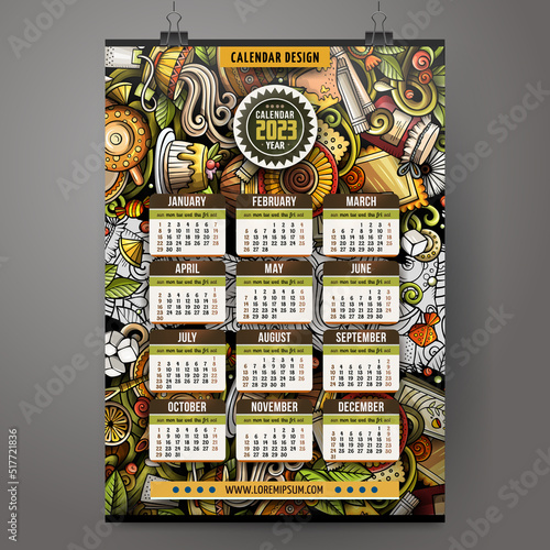 Cartoon colorful doodles Tea time 2023 year calendar