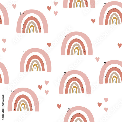 Vector hand drawn seamless pattern with rainbows and hearts. Cute drawing on the children's wall. Children's wallpapers, clothes, textiles.