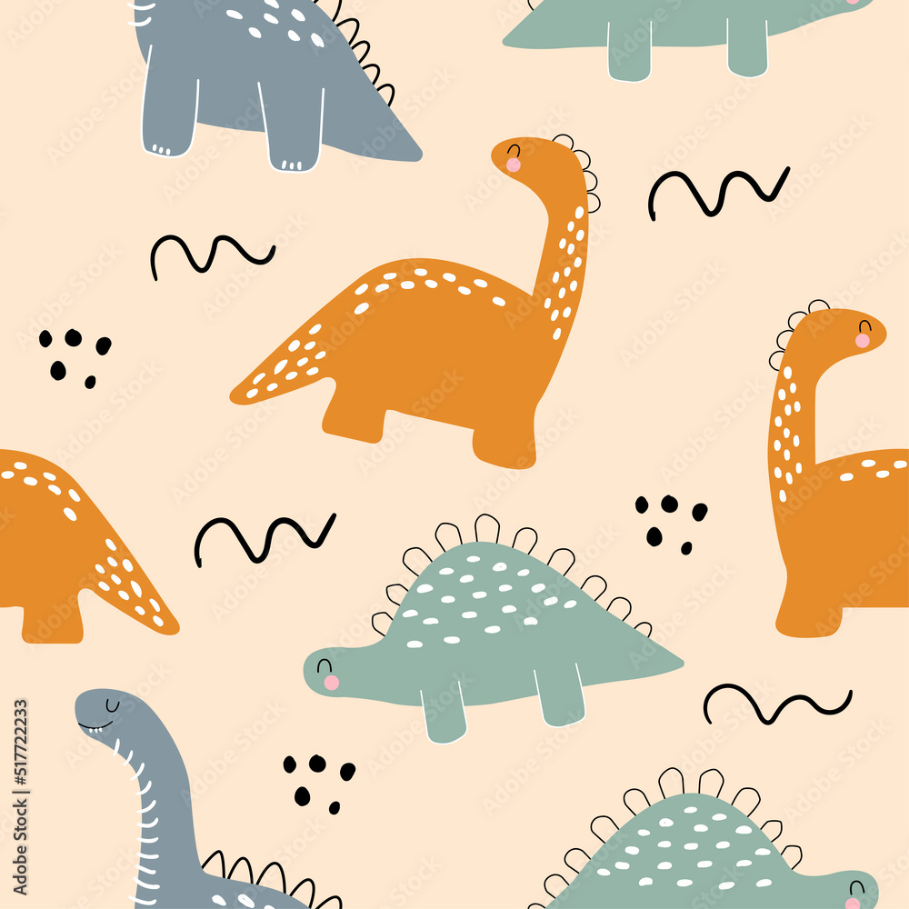 Seamless pattern with cute dinosaurs, dots, bushes and doodles. Children's wallpaper in scandinavian style with dino. Children's textiles, clothes. Seamless pattern with cute dinosaurs, dots, bushes and doodles. Children's wallpaper in scandinavian style with dino. Children's textiles, clothes.