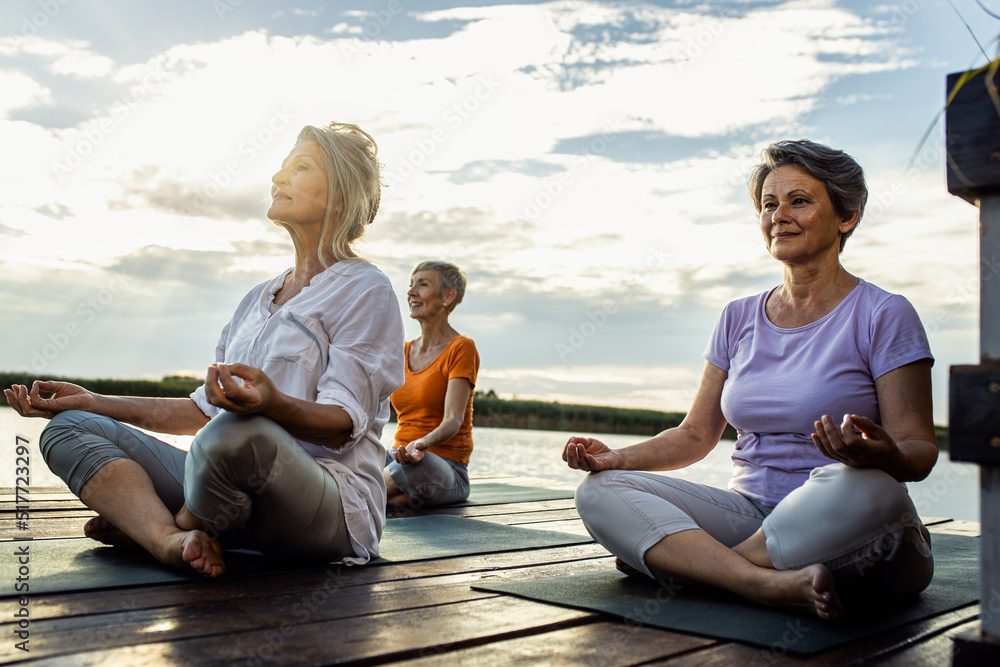 Group of senior woman doing yoga exercises by the lake. Group of senior woman doing yoga exercises by the lake.
