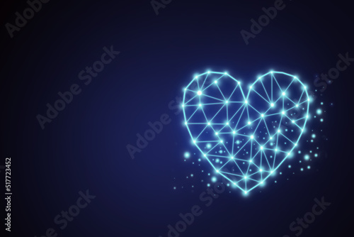Neon abstract white heart in the form of a grid on a black strong dark background. The concept of help, kindness, treatment. Heart shape with copy space