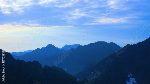 time lapse of a Silhouetted blue mountains and horizon at Fagaras mountains, Moldoveanu peak. mountains at sunset, national park. Scenic View Of Mountains photo