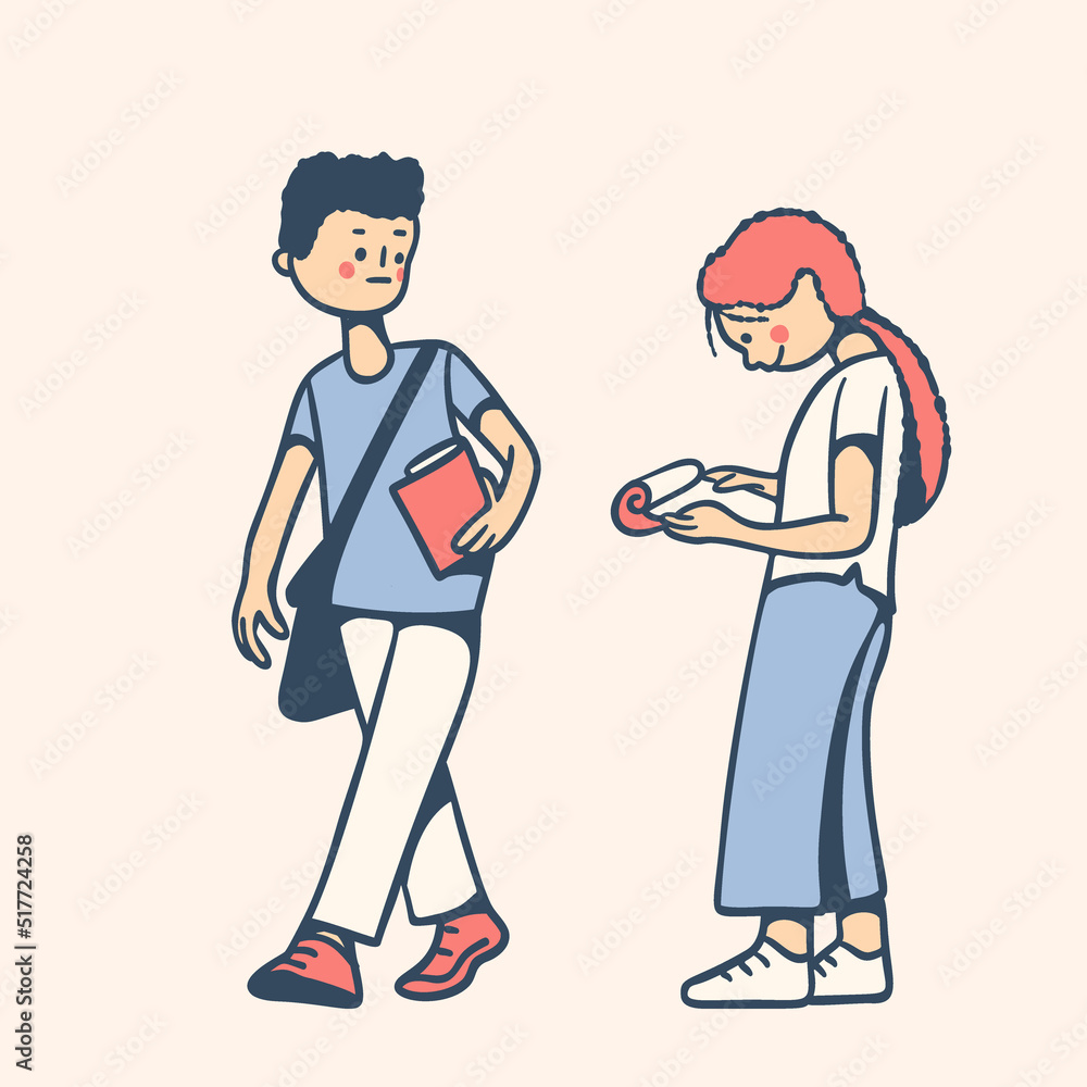 A young man and a girl with notebooks.
