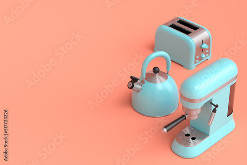 Kettle, toaster, coffee machine with horn and multicooker on coral background photo