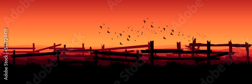 countryside landscape with silhouette of broken fence flat design vector illustration good for wallpaper, background, backdrop, banner, web, and template