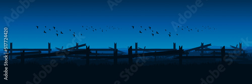 countryside landscape with silhouette of broken fence flat design vector illustration good for wallpaper, background, backdrop, banner, web, and template