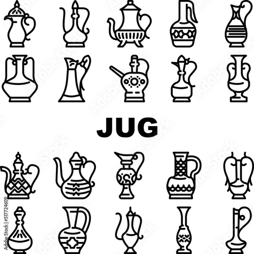 Arabic Jug Traditional Container Icons Set Vector. Arabic Jug For Boiling Arabian Tea, Coffee Or Water. Antique Pottery Earthenware For Storage And Carrying Beverage Black Contour Illustrations