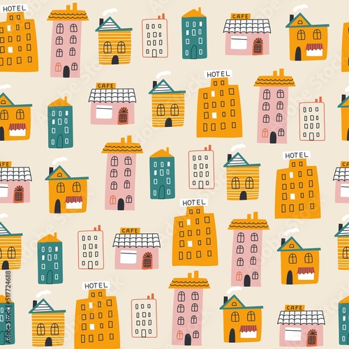 Pattern with cute houses. Kids print. Vector illustrations