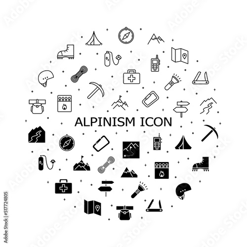 Rock climbing flat line icons set. Alpinism, mountaineering, hiking equipment. Simple flat vector illustration for web site or mobile app