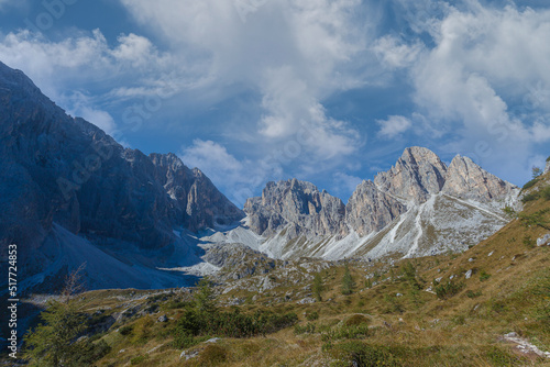 Panorama of Vallon Popera rocky basin at the foot of Dolomite peaks in Comelico region, Italy. Sentinella Pass, one of the most iconic places of the First World War in Dolomites is visible