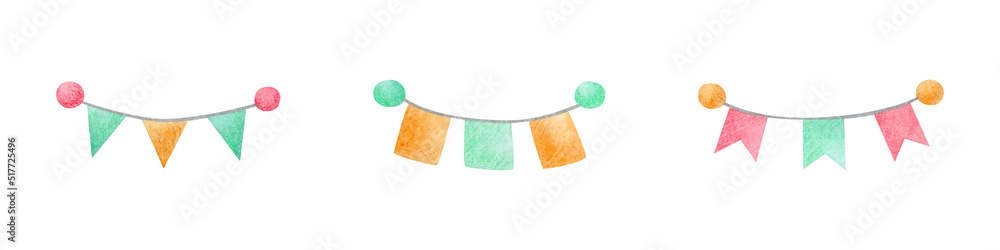 Birthday party elements watercolor set on isolated white background. Birthday small flag. For designing greeting cards, social media, stationery, printing on objects, etc. Birthday party elements watercolor set on isolated white background. Birthday small flag. For designing greeting cards, social media, stationery, printing on objects, etc.