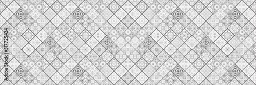 Old white gray grey seamless flowers leaves vintage geometric shabby mosaic ornate patchwork motif porcelain stoneware tiles, square mosaic stone concrete cement tile mirror wall texture backgrounds