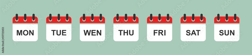 Calendar icons with days of the week. Monday, tuesday, wednesday, thursday, friday, saturday, sunday. Vector illustration. Calendar icons with days of the week. Monday, tuesday, wednesday, thursday, friday, saturday, sunday. Vector illustration.