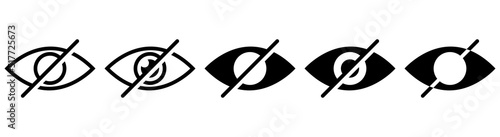 Icons hidden from view, set of invisible symbol. No eye. Black crossesd eyeball icon. Vector illustration