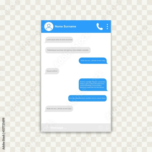 Chat interface with messaging bubbles. Sms messages. Speech bubbles. Short message service bubbles. Transparent background. Vector illustration. © Alex