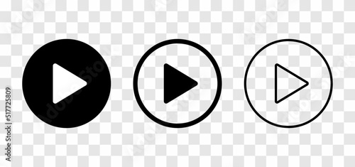 Play button icons isolated on transparent background. Black arrow symbol in a circle. Vector illustration.