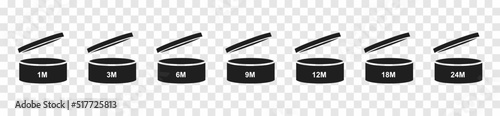 Period after opening. PAO vector icons set on transparent background. The period after opening the package. The shelf life of the product after opening the package. Vector illustration.