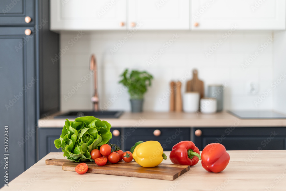 Healthy food products on table in kitchen Healthy food products on table in kitchen