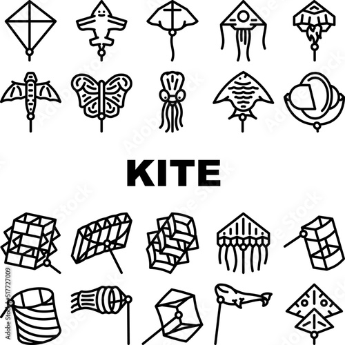 Flying Kite Children Funny Toy Icons Set Vector. Flying Kite In Airplane And Rocket Shape, Jellyfish And Fish Form, Stingray And Butterfly. Outdoor Game Enjoying Black Contour Illustrations